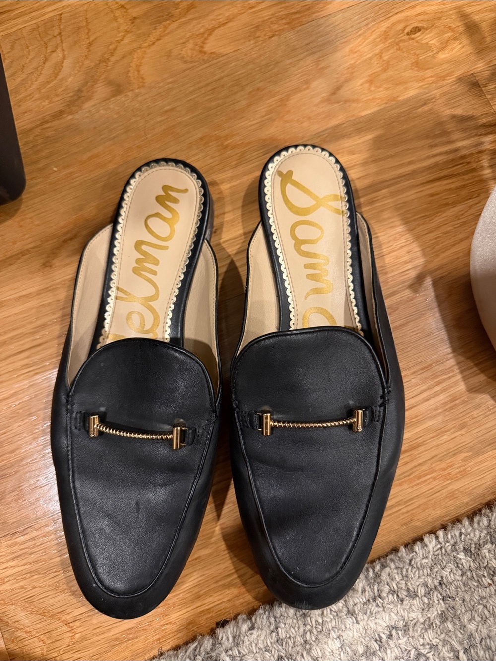 Sam Edelman Black Leather Backless Loafer Mules with Gold Accent